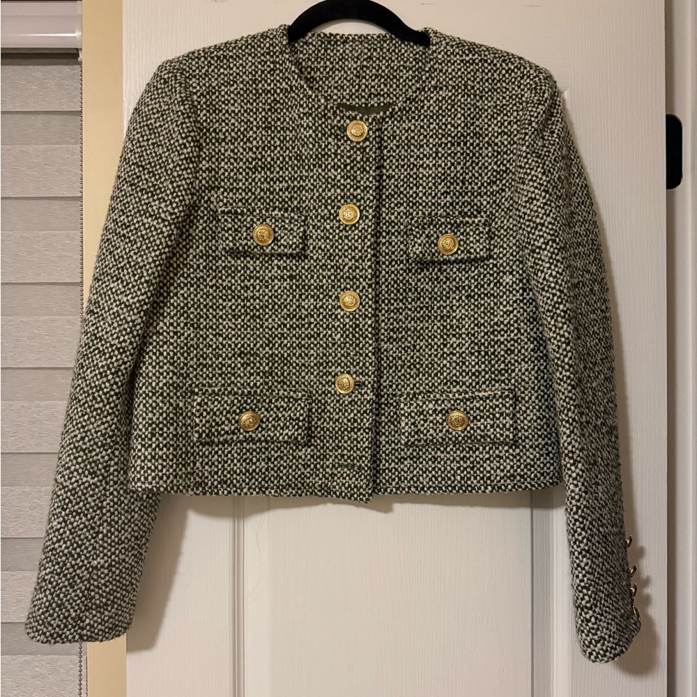 Textured Black & White Bouclé Crop Jacket with Gold Buttons